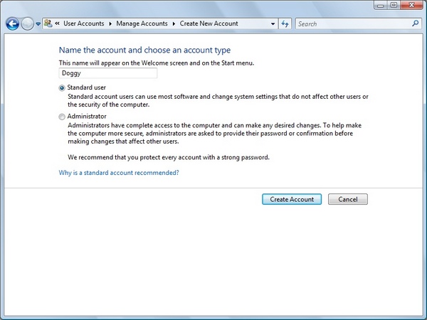 Windows Vista Create New User